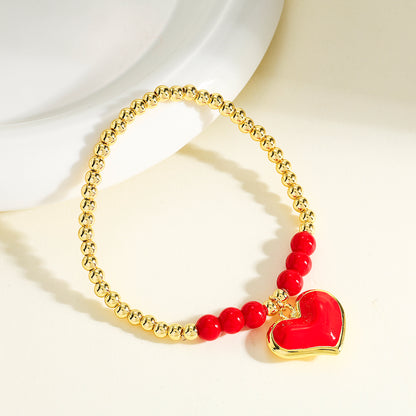 Polished Copper Heart Shape Bracelet For Women With 18K Real Gold Plated Beaded Chain
