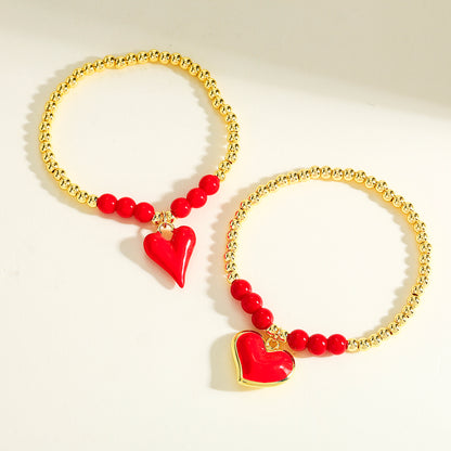 Polished Copper Heart Shape Bracelet For Women With 18K Real Gold Plated Beaded Chain