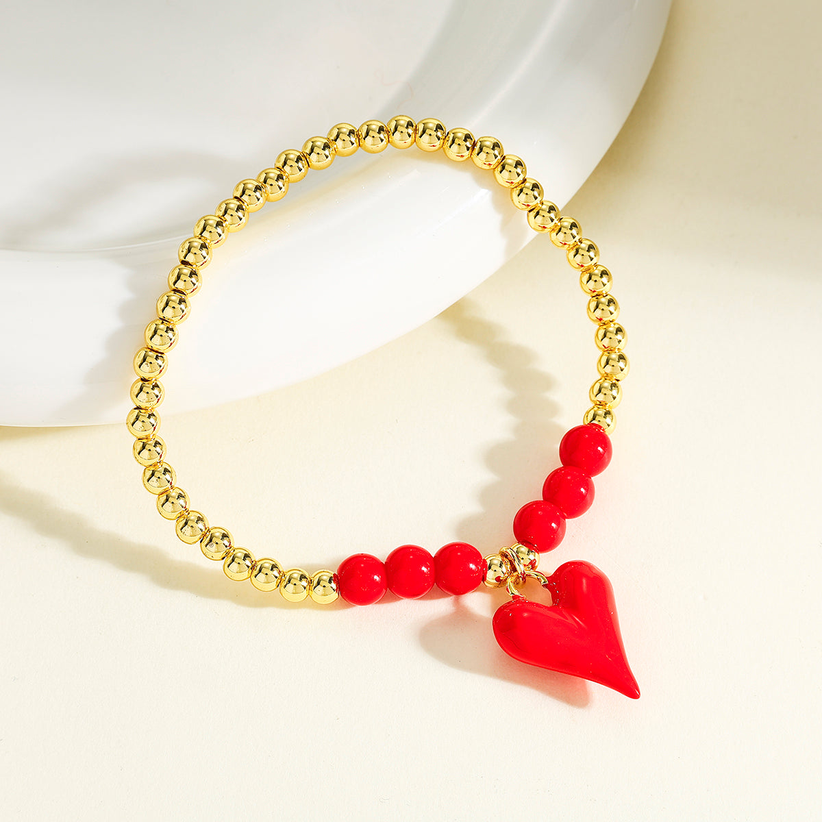 Polished Copper Heart Shape Bracelet For Women With 18K Real Gold Plated Beaded Chain