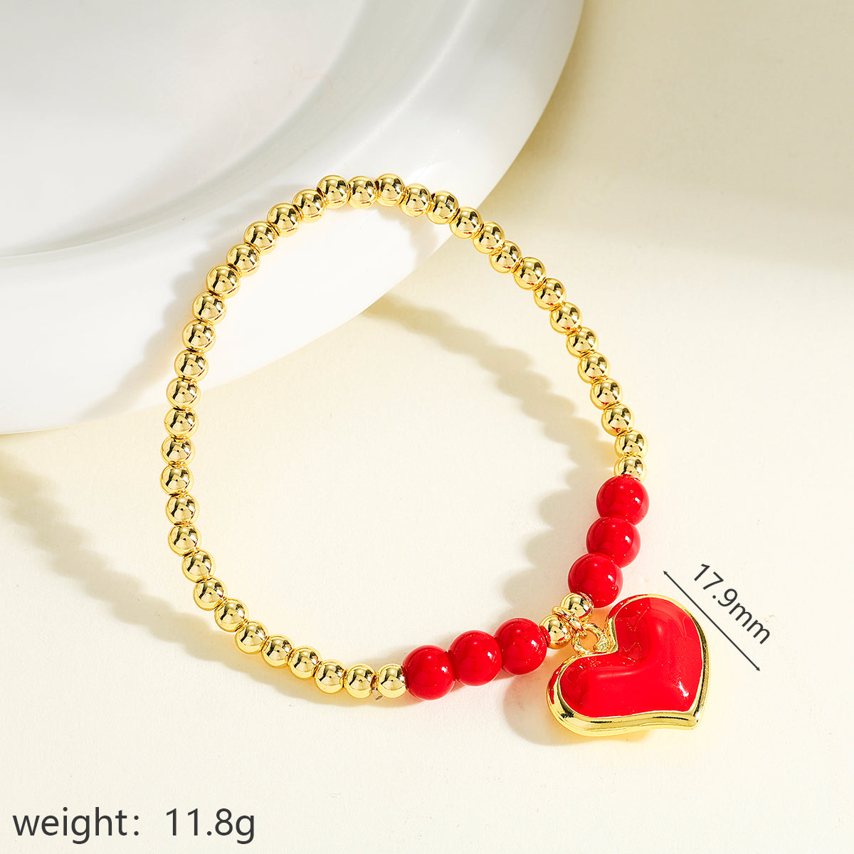 Polished Copper Heart Shape Bracelet For Women With 18K Real Gold Plated Beaded Chain