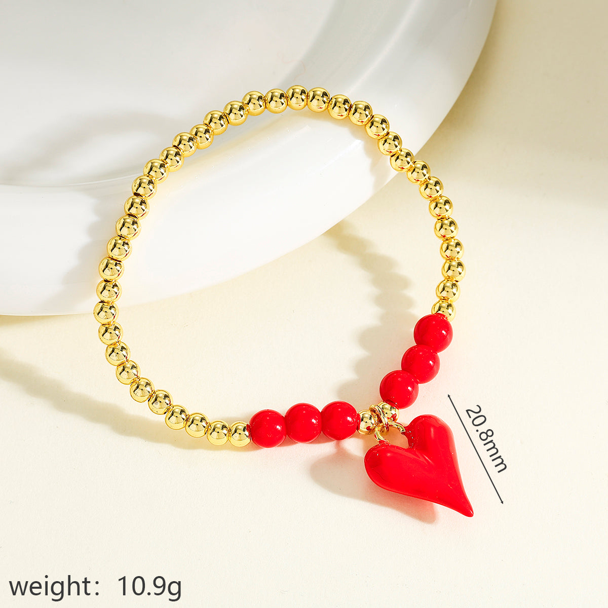 Polished Copper Heart Shape Bracelet For Women With 18K Real Gold Plated Beaded Chain