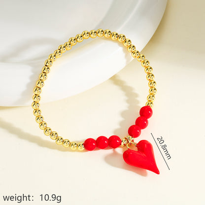 Polished Copper Heart Shape Bracelet For Women With 18K Real Gold Plated Beaded Chain