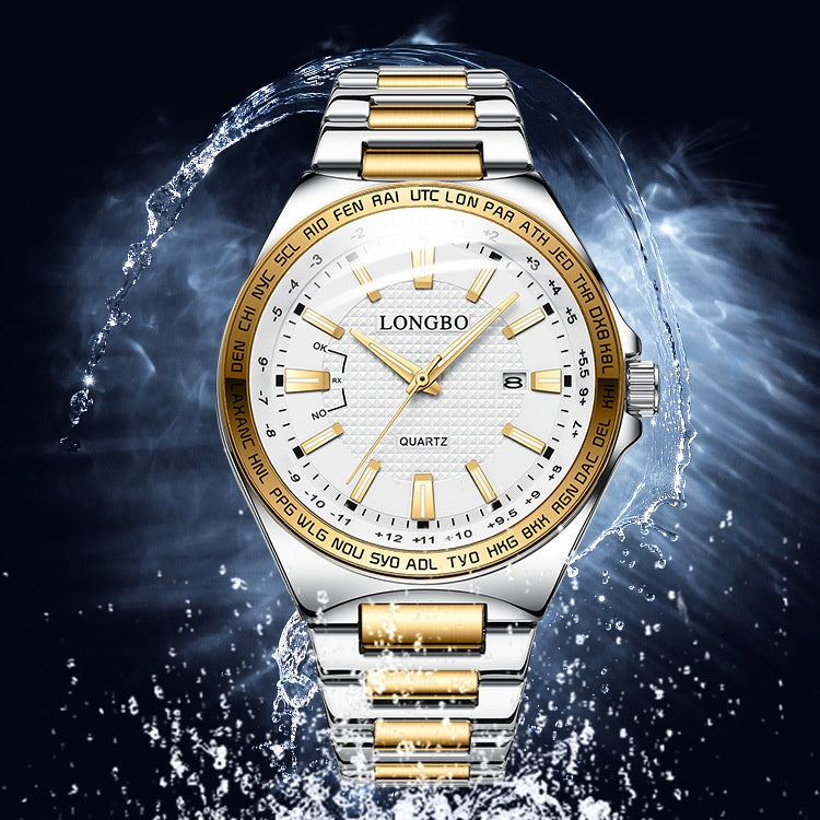 Men's Quartz Watch With Stainless Steel Strap And Double Side Snap Buckle Featuring Tempered Glass Mirror And Pointer Display