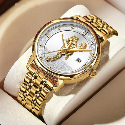 Men's Quartz Watch With Stainless Steel Strap And Double Side Snap Buckle Featuring Tempered Glass Mirror And Pointer Display