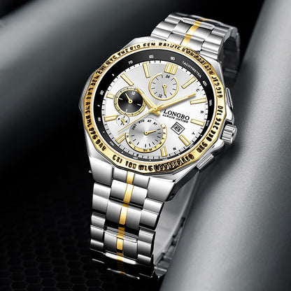 Men's Quartz Watch With Stainless Steel Strap And Single Folding Buckle, Featuring Tempered Glass Mirror And Pointer Display