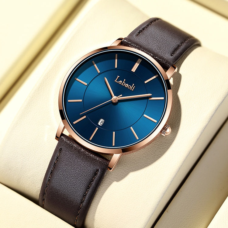 Men's Watch With Genuine Leather Strap, Quartz Movement, Tempered Glass Mirror, Pointer Display, And Buckle Style