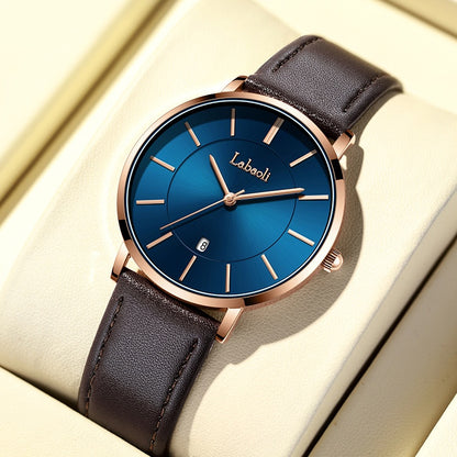Men's Watch With Genuine Leather Strap, Quartz Movement, Tempered Glass Mirror, Pointer Display, And Buckle Style