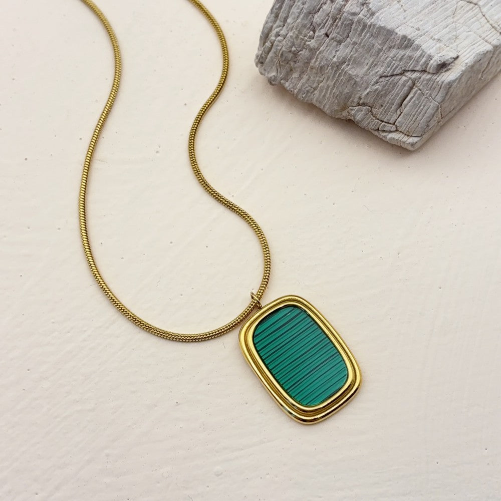 Rectangle Pendant Necklace For Women In 304 Stainless Steel With 18K Real Gold Plated Finish And Acrylic Inlay On Cable Chain