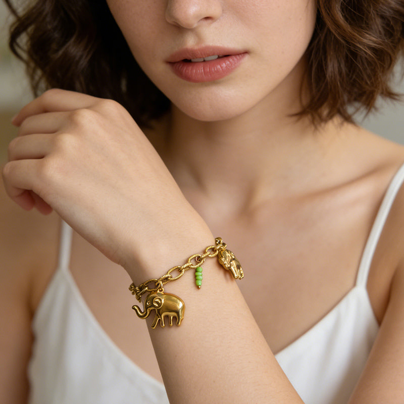 Elephant Multi Charms Bracelet For Unisex Featuring Cartoon Style 304 Stainless Steel With 18K Real Gold Plated Paperclip Chain