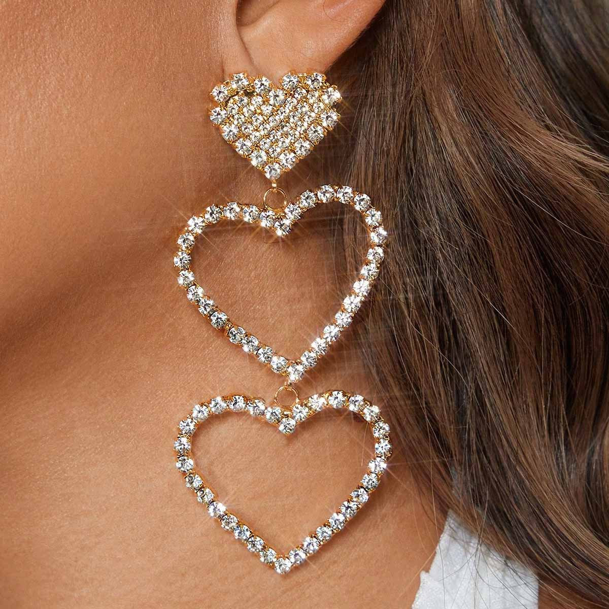 Heart Shape Simple Style Unisex Earrings In Zinc Alloy With Rhinestones, Electroplated Finish And 304 Stainless Steel Ear Pins