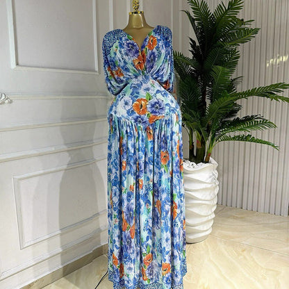 Long Sleeve V Neck Chiffon Dress In Polyester Featuring Ruched Design And Maxi Length