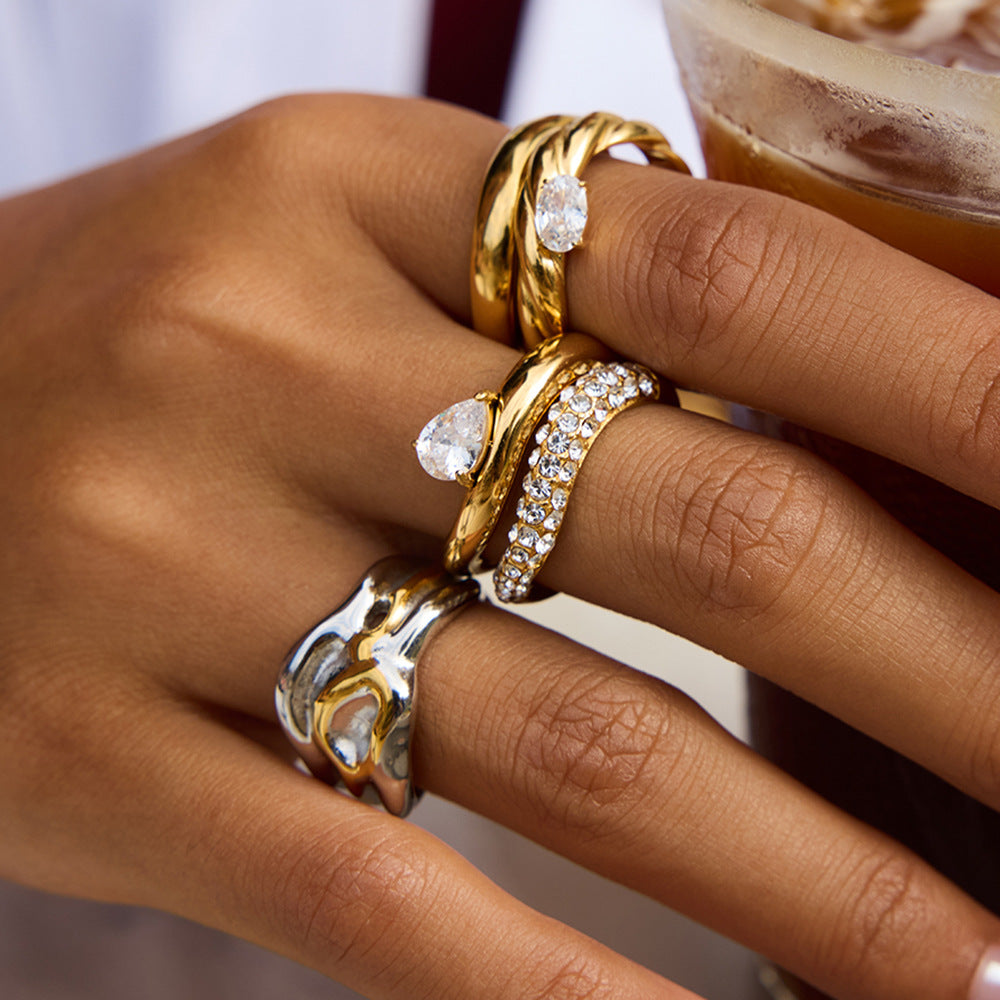 For Women Irregular Rings Made Of 304 Stainless Steel With Electroplated 18K Real Gold Plated And Zircon Inlay