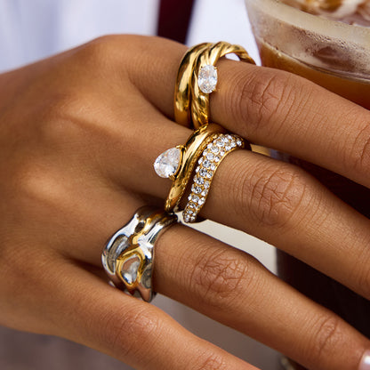 For Women Irregular Rings Made Of 304 Stainless Steel With Electroplated 18K Real Gold Plated And Zircon Inlay