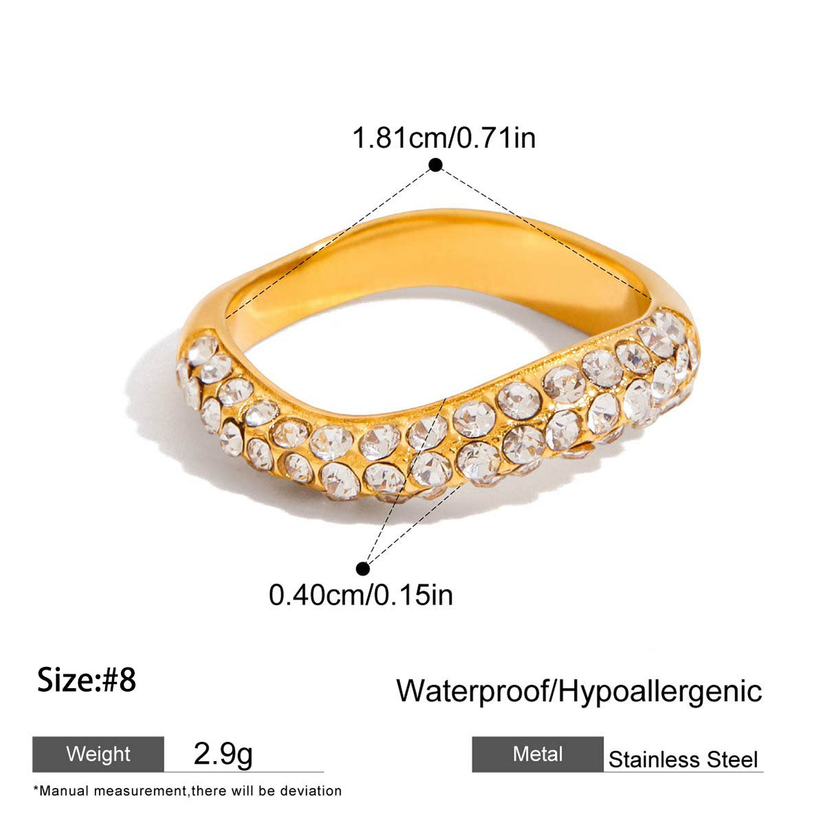 For Women Irregular Rings Made Of 304 Stainless Steel With Electroplated 18K Real Gold Plated And Zircon Inlay