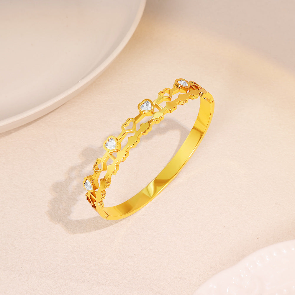 Heart Shape Titanium Steel Wristband With Electroplated Gold Plating, Bangle Featuring Inlay Craft