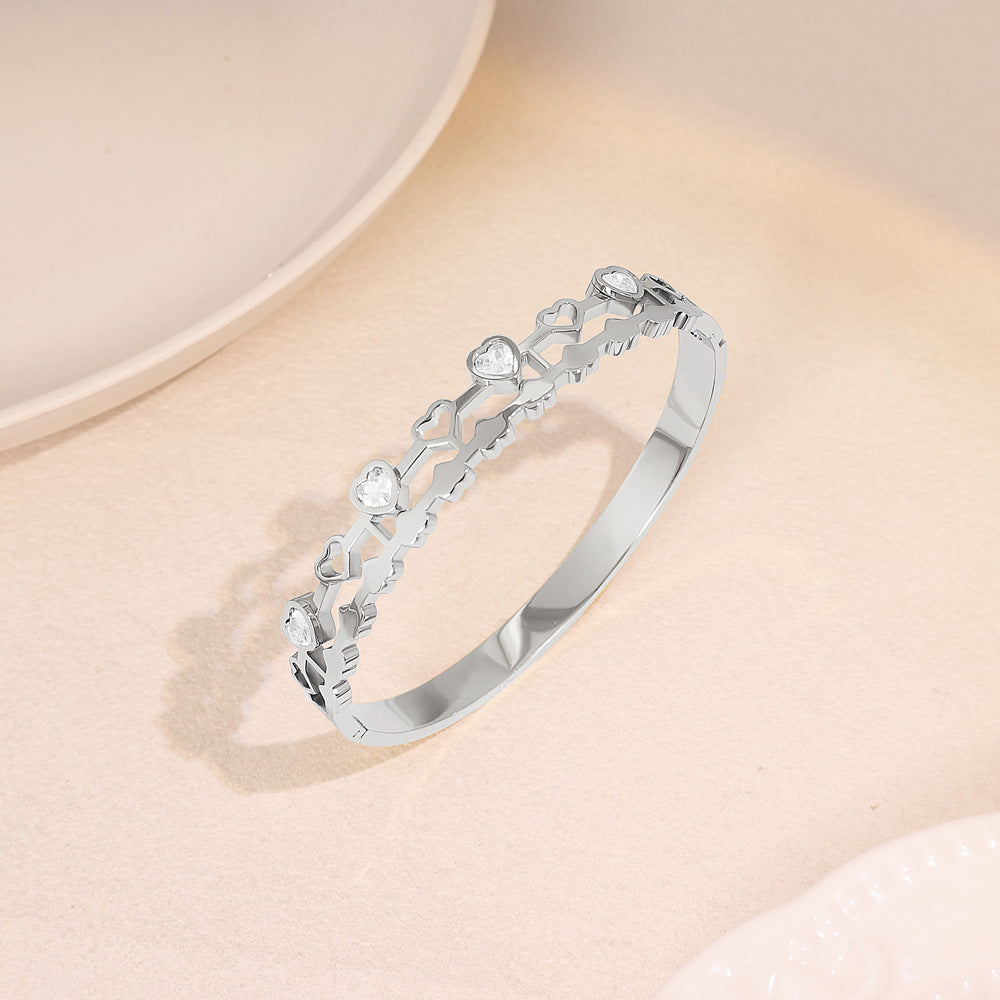 Heart Shape Titanium Steel Wristband With Electroplated Gold Plating, Bangle Featuring Inlay Craft
