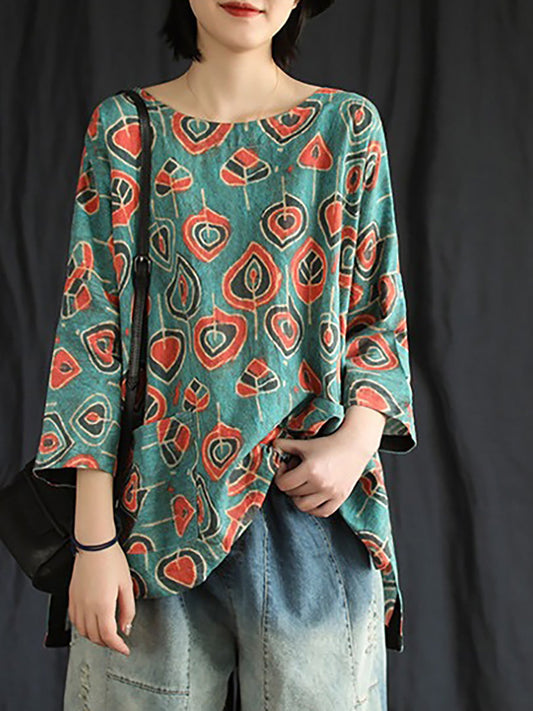 Plus Size Buykud Casual Floral Ramie Tencel T-Shirt