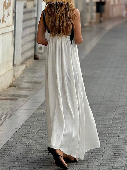 A-Line Loose Backless Contrast Color Halter-Neck Midi Dresses