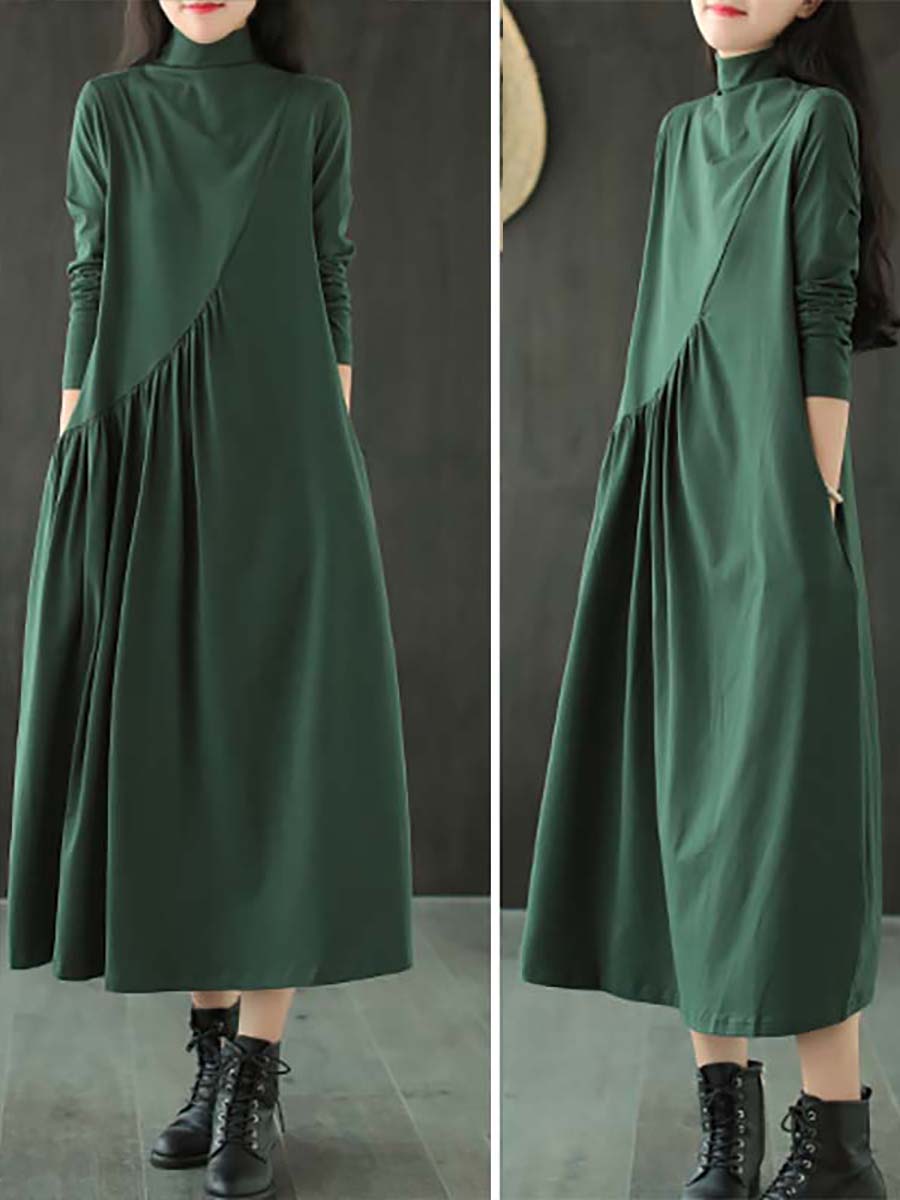 Plus Size Solid Color Draped High Neckline Dress