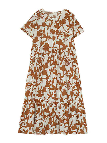 Plus Size Cotton O-neck Floral Dress