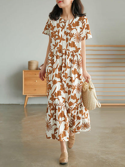 Plus Size Cotton O-neck Floral Dress