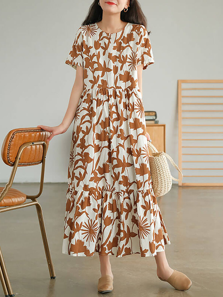 Plus Size Cotton O-neck Floral Dress