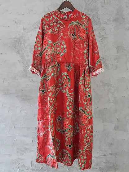Plus Size Women Linen Vintage Printed Floral Dress