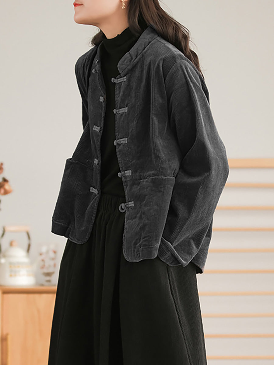 Plus Size Corduroy Women Breasted Pocket Vintage Casual Coat