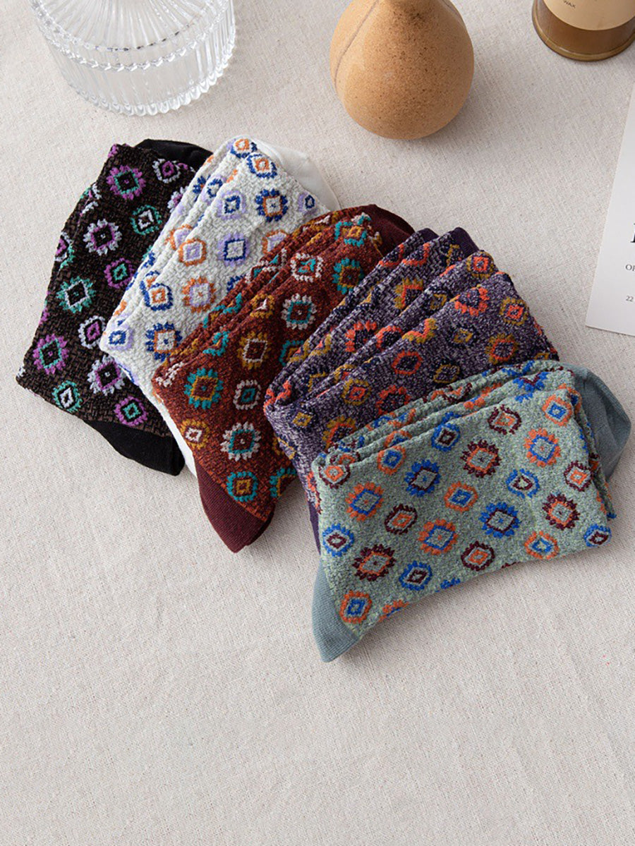 Women Floral Vintage Casual Autumn Winter Socks 5 Pairs