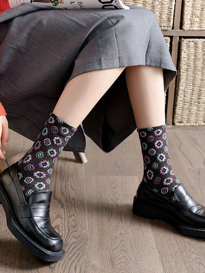 Women Floral Vintage Casual Autumn Winter Socks 5 Pairs