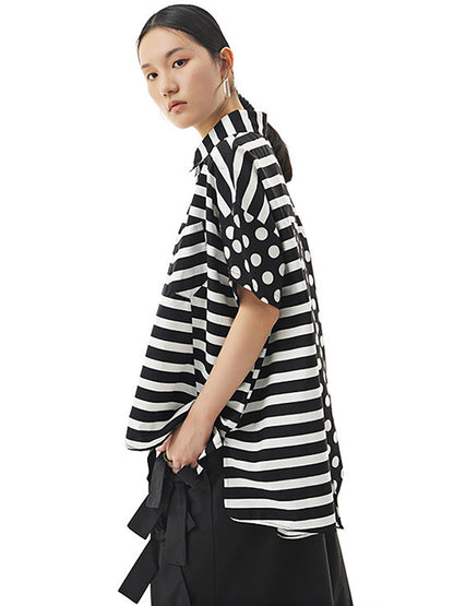 Plus Size Women Cotton Stripe Dot Loose Irregular Shirt