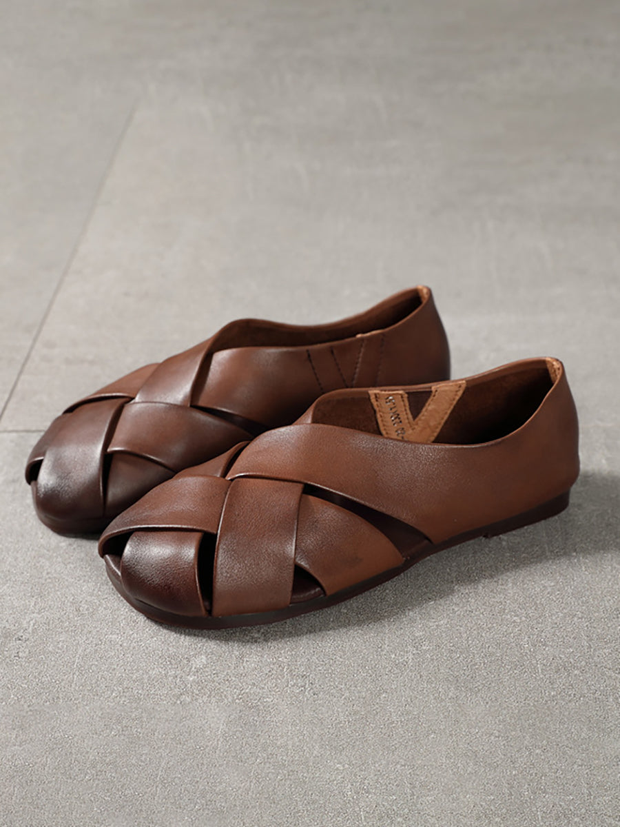 Spring Summer Solid Color Leather Round Toe Flat Shoes