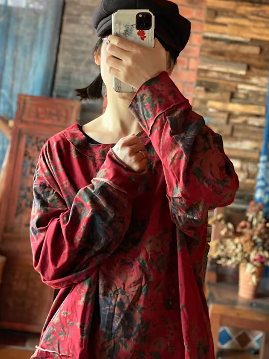 Plus Size Women Cotton Floral Vintage Long Sleeve Loose T Shirt