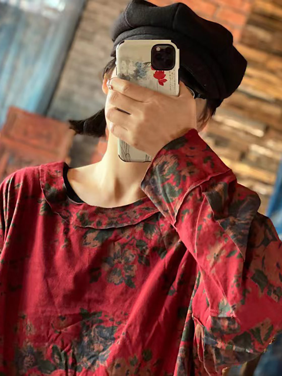 Plus Size Women Cotton Floral Vintage Long Sleeve Loose T Shirt