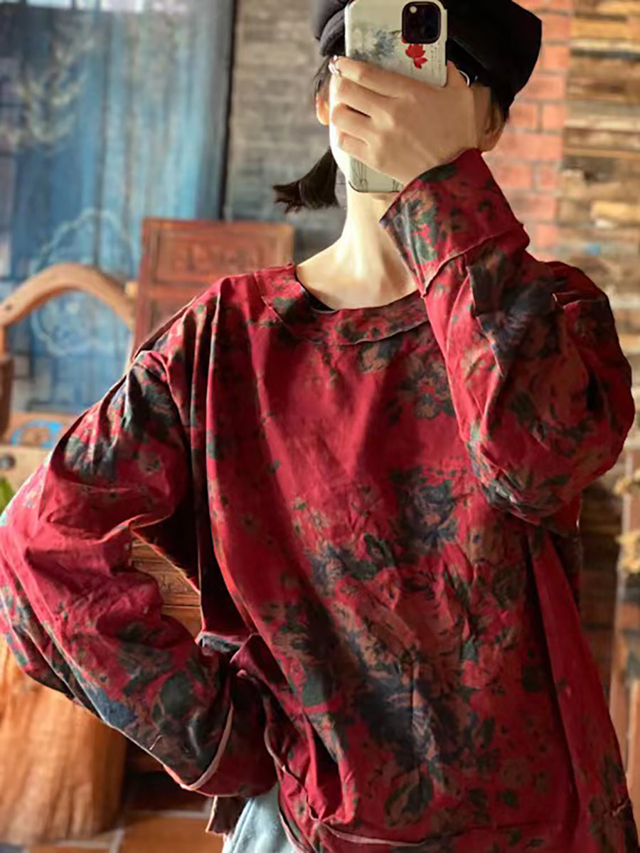 Plus Size Women Cotton Floral Vintage Long Sleeve Loose T Shirt