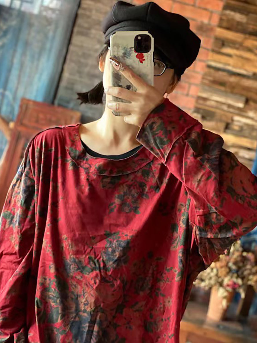 Plus Size Women Cotton Floral Vintage Long Sleeve Loose T Shirt