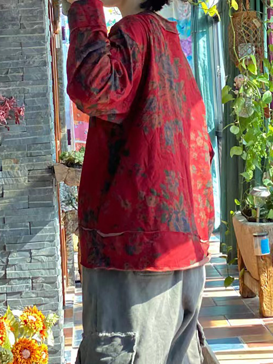 Plus Size Women Cotton Floral Vintage Long Sleeve Loose T Shirt