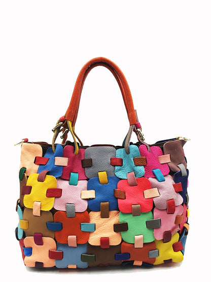 Women Fashion Genuine Leather Plaid Spliced Handbag