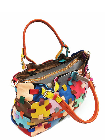 Women Fashion Genuine Leather Plaid Spliced Handbag