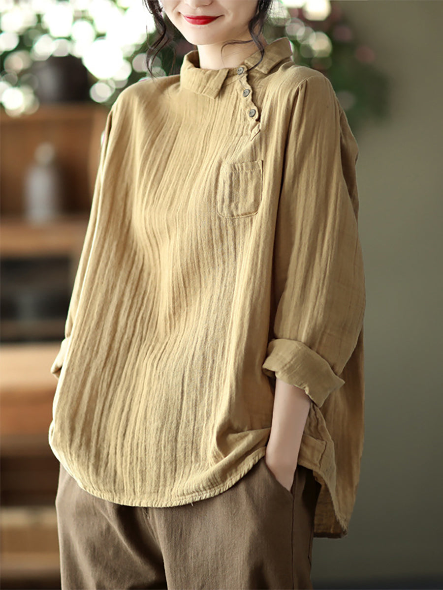 Plus Size Women Vintage Oblique Long Sleeve Cotton Shirt