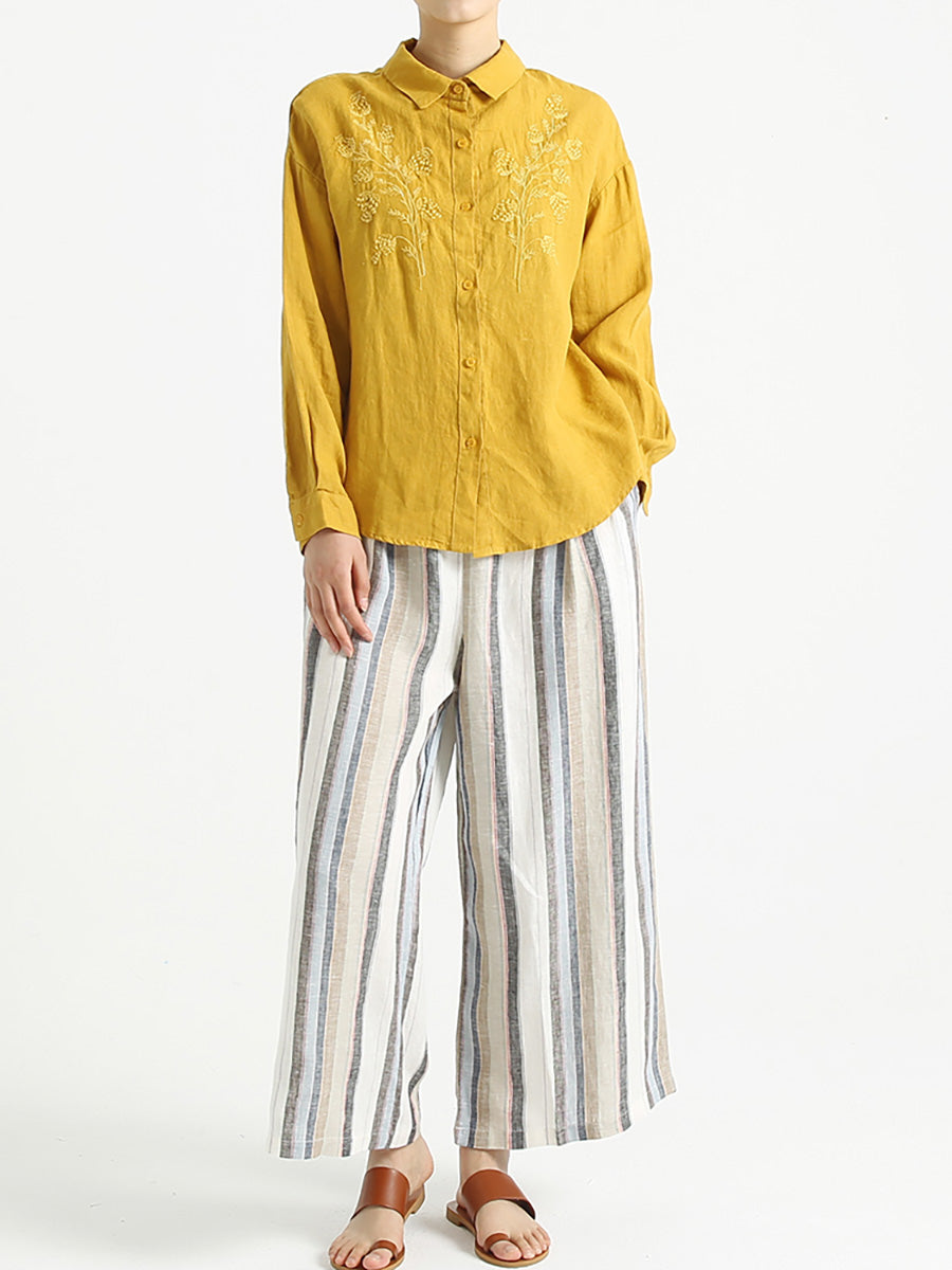Plus Size Women Long Sleeve Linen Embroidered Loose Shirt