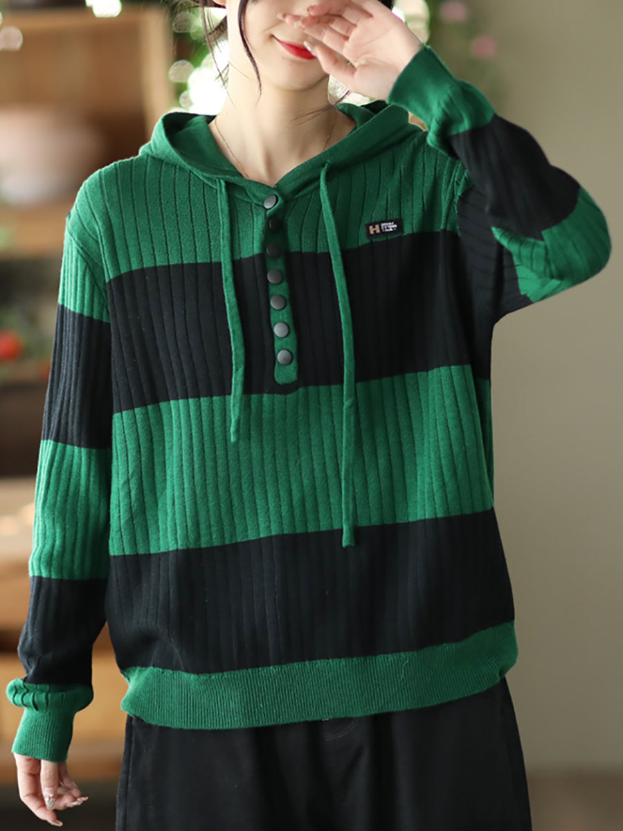 Women Spring Casual Stripe Button Loose Hooded Shirt