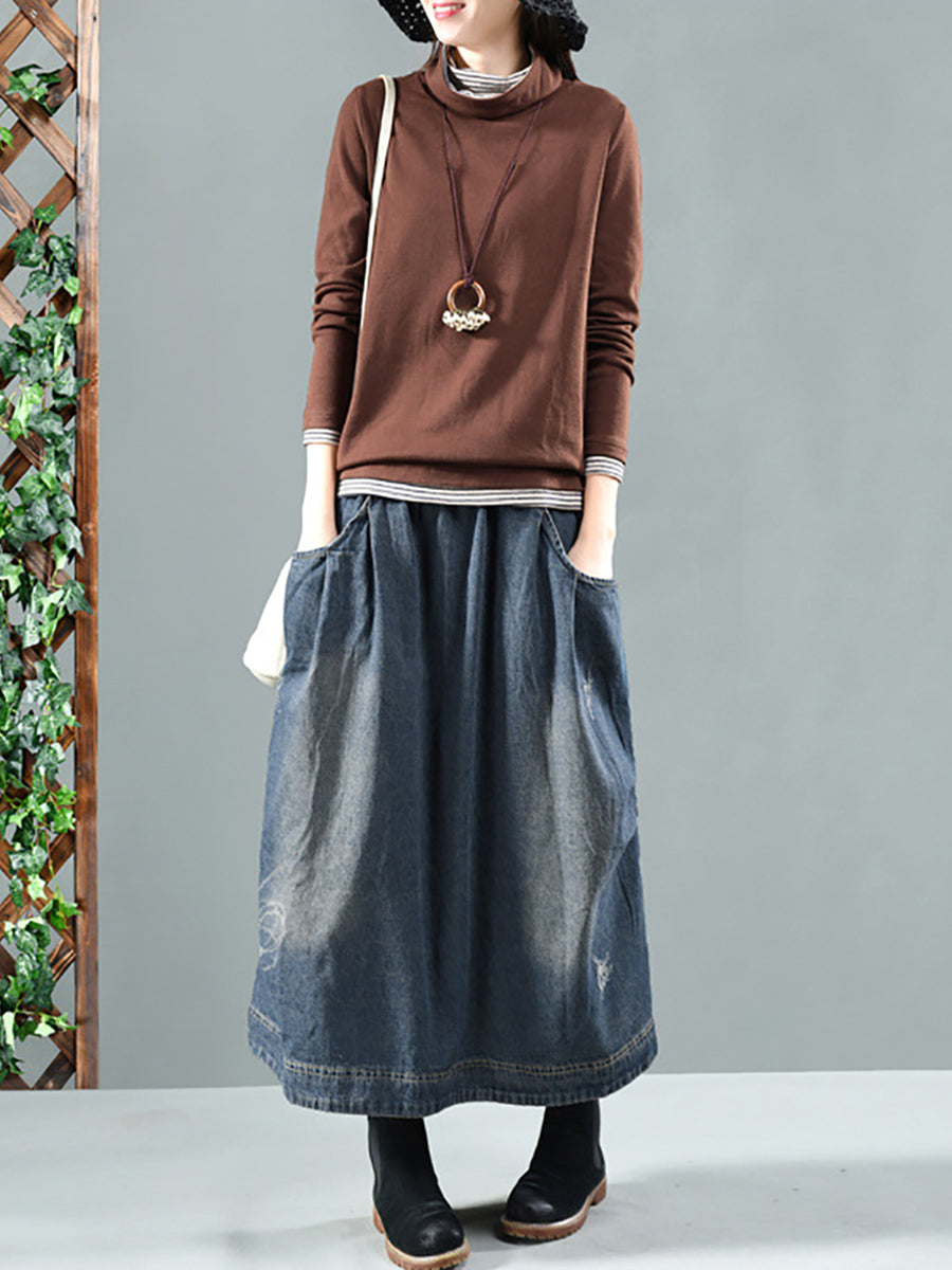 Plus Size Women Retro Fade Pocket Elastic Waist Denim Skirt