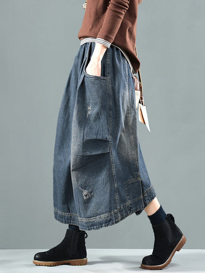 Plus Size Women Retro Fade Pocket Elastic Waist Denim Skirt