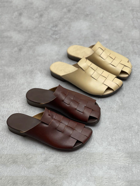 Women Summer Casual Soft Leather Solid Knitted Slippers