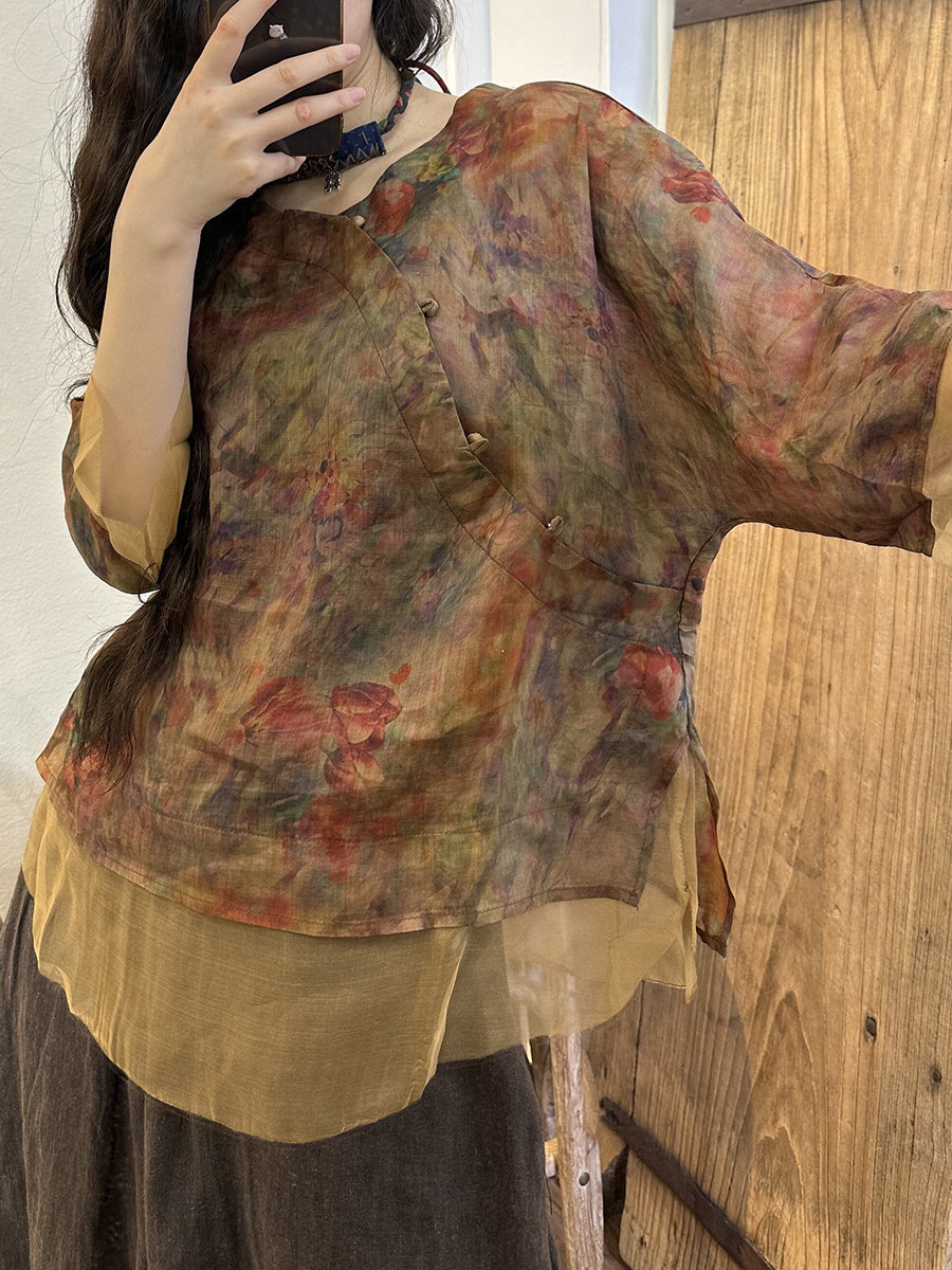 Plus Size Women Vintage Flower Button Spliced Shirt