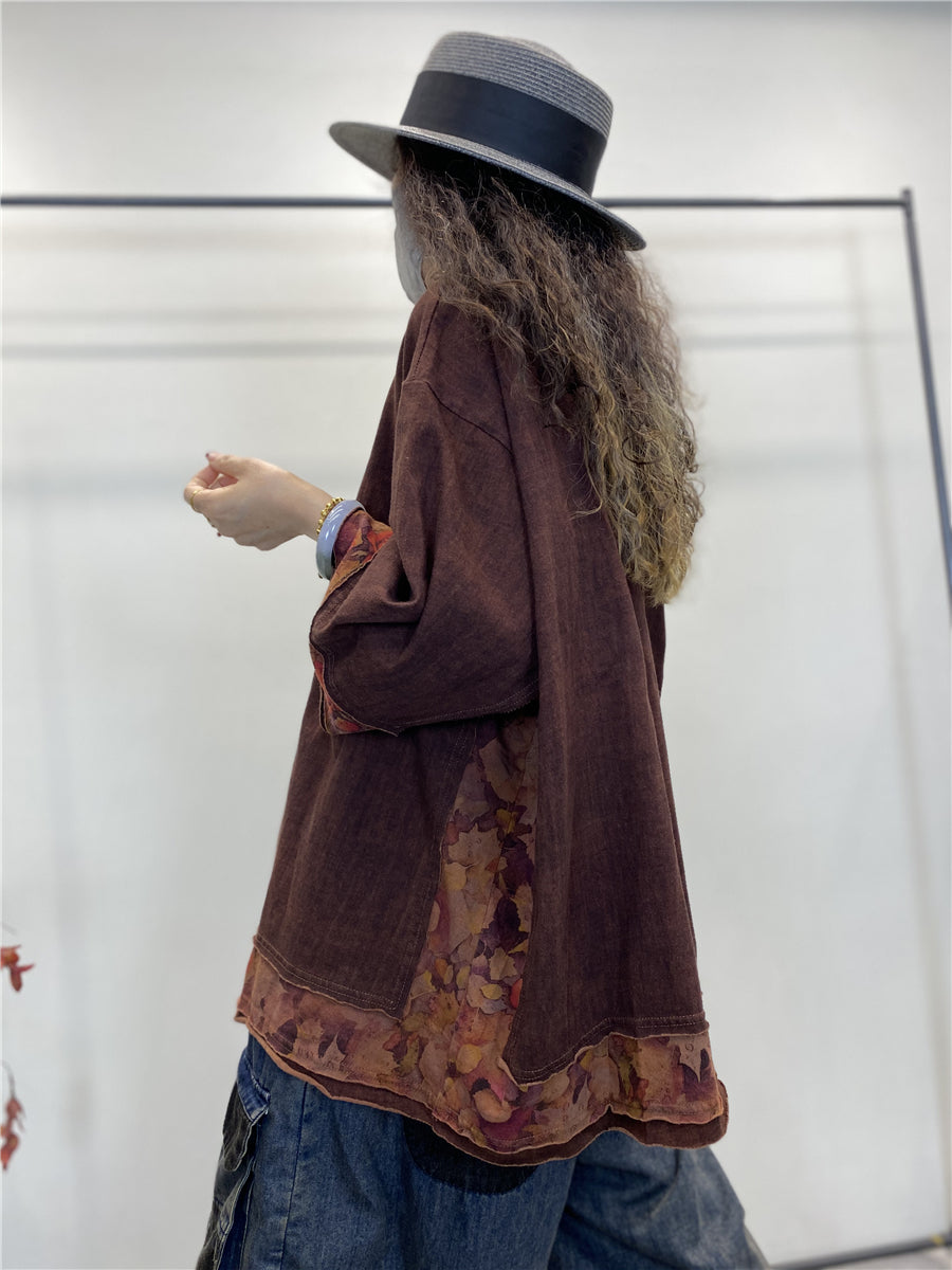 Women Summer Vintage Spliced Worn Solid Cotton Shirt