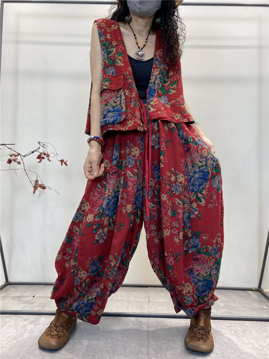 Plus Size Women Summer Vintage Floral Pocket Cotton Vest