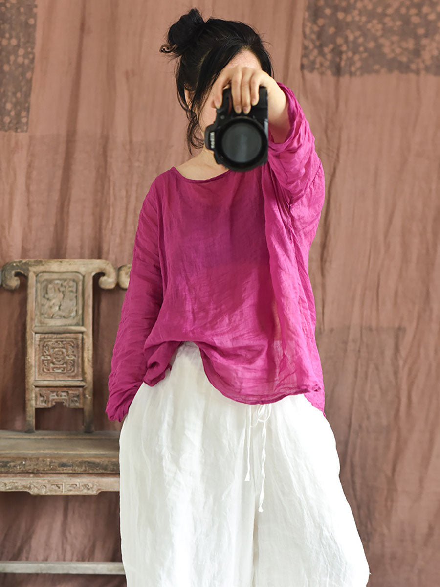 Plus Size Women Summer Solid Vintage O-Neck Split Hem Ramie Shirt