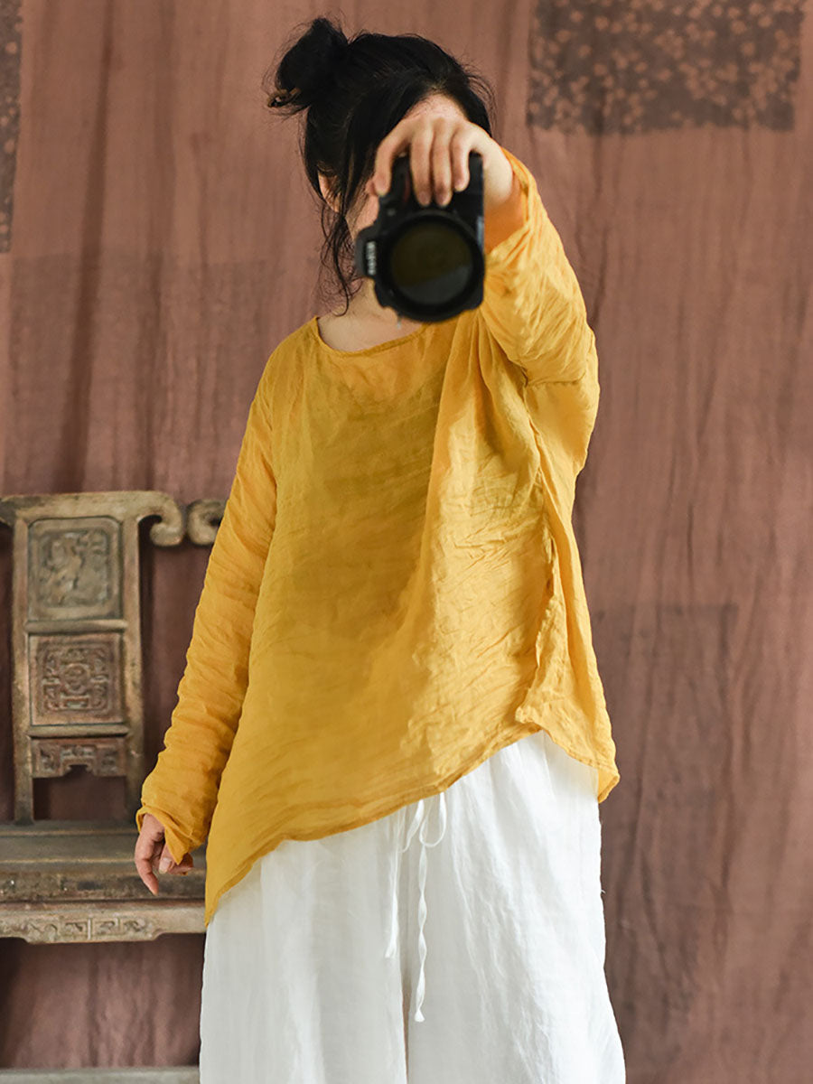 Plus Size Women Summer Solid Vintage O-Neck Split Hem Ramie Shirt